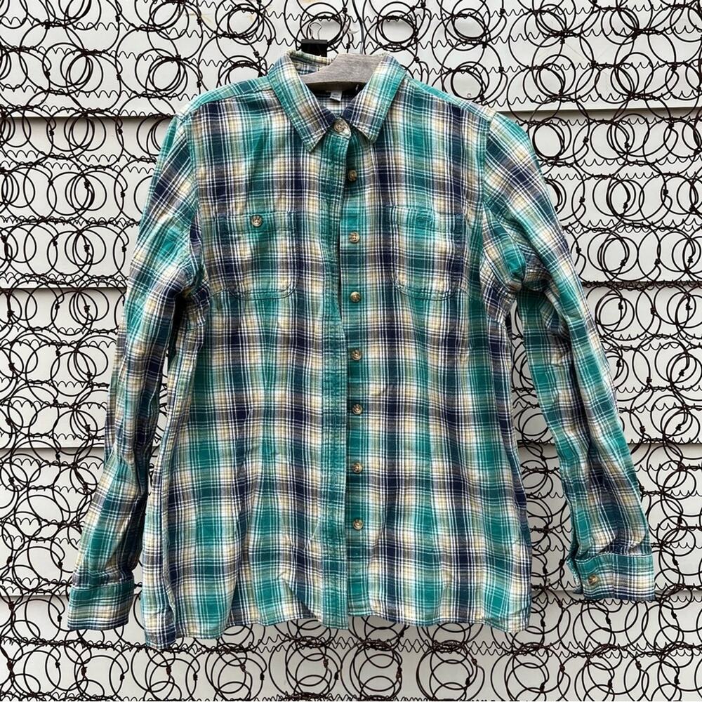 Duluth Trading Company blue green button down flannel cotton shirt